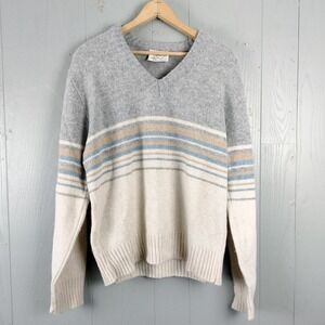 Vintage 80s Grandpa Wool Blend Sweater Mens L‎ Striped Preppy V-Neck Normie Warm